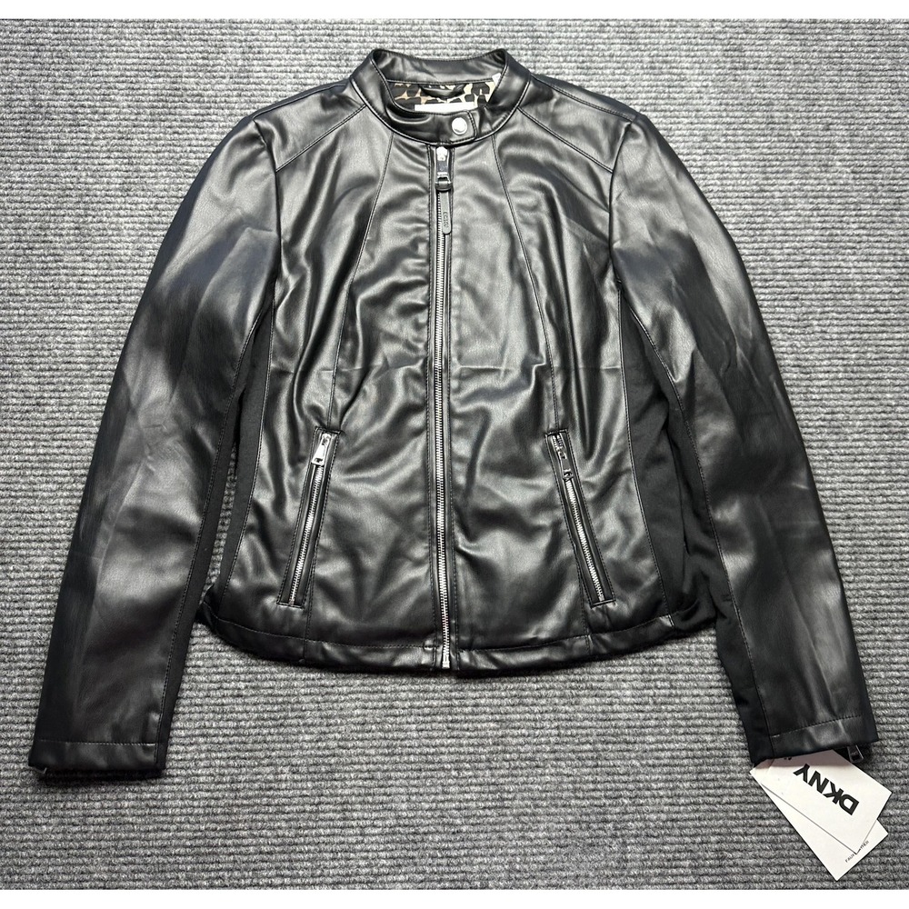 DKNY Moto Jacket Womens Small Black Faux Leather Zip‎ Pockets Biker Style New